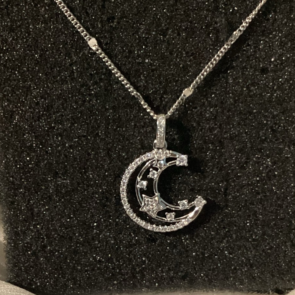 🌙Sparkly CZ Diamond Half Moon charm  Necklace